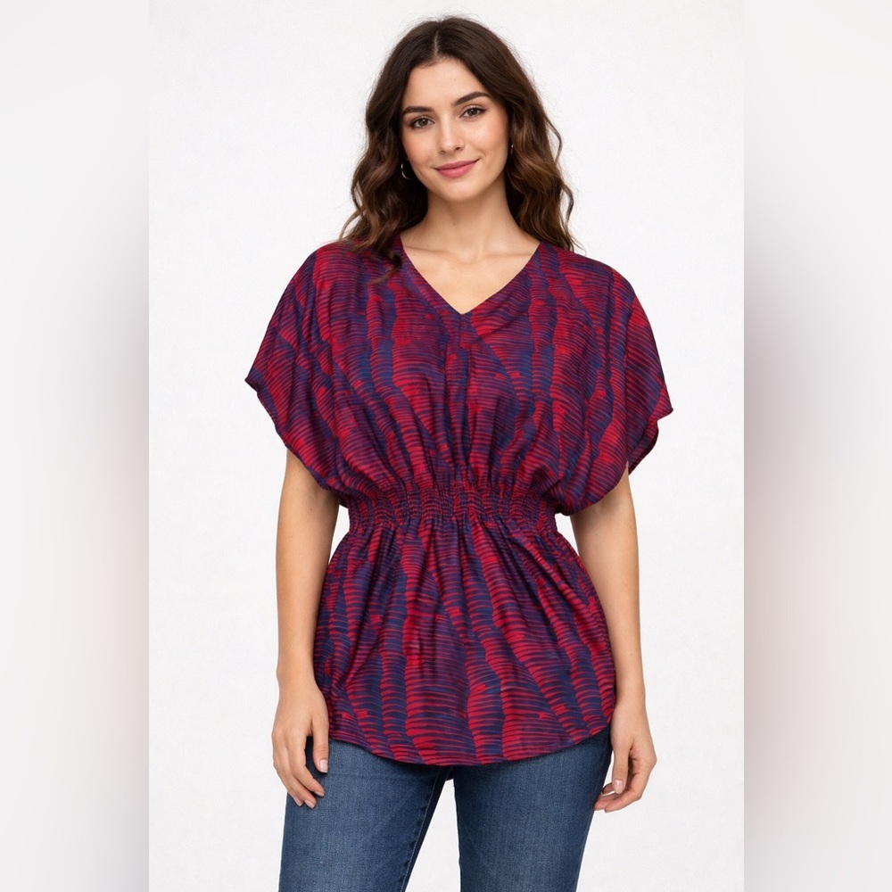 Devlin Red and Blue Bat Wing Stretchy Elegant Shirt Size L